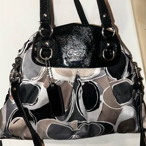 Womens Coach Ashley Signature Sateen Large Satchel Handbag Purse Black Gray Tan